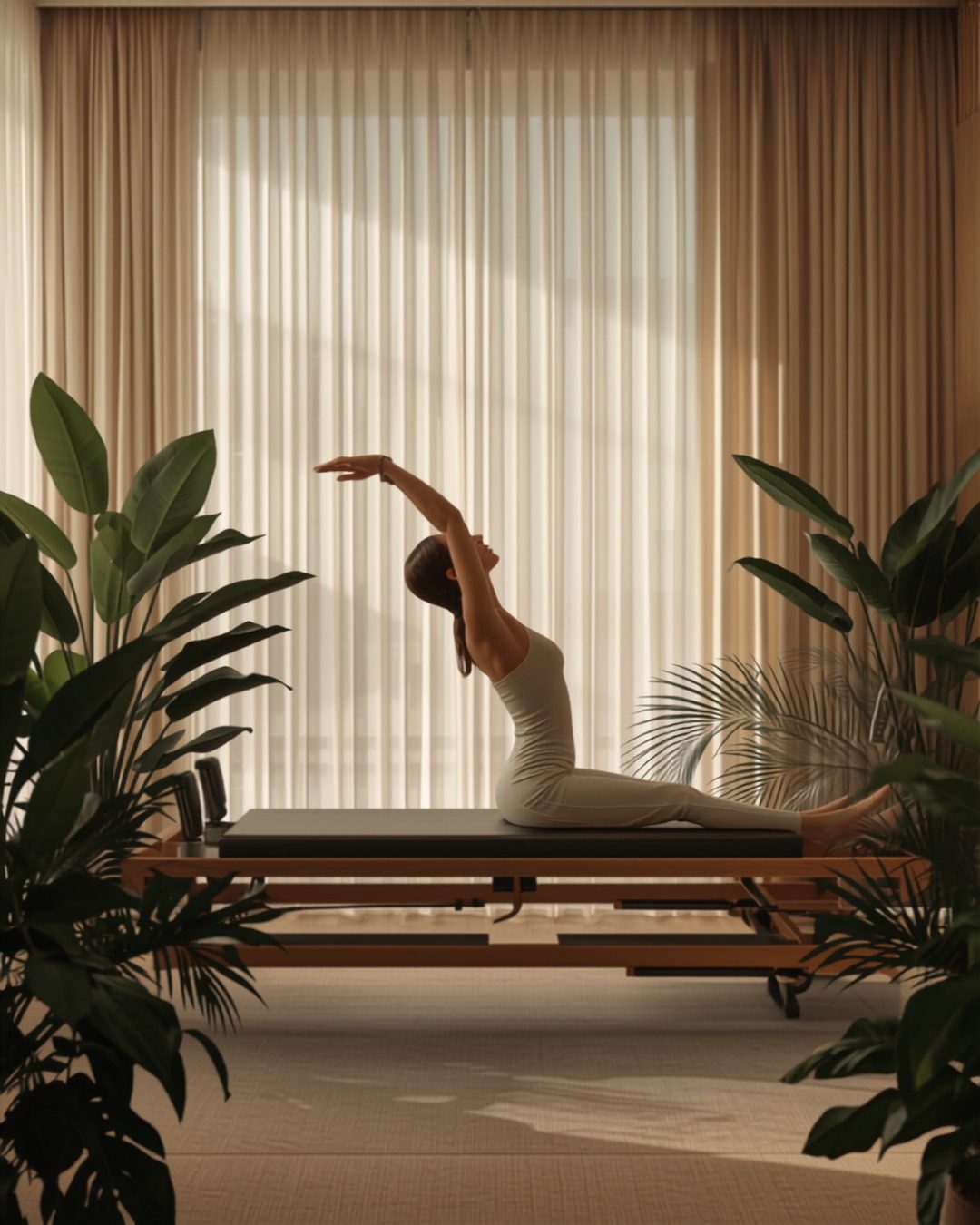 リフォーマーの上でストレッチをする女性と観葉植物のあるプライベートスタジオ