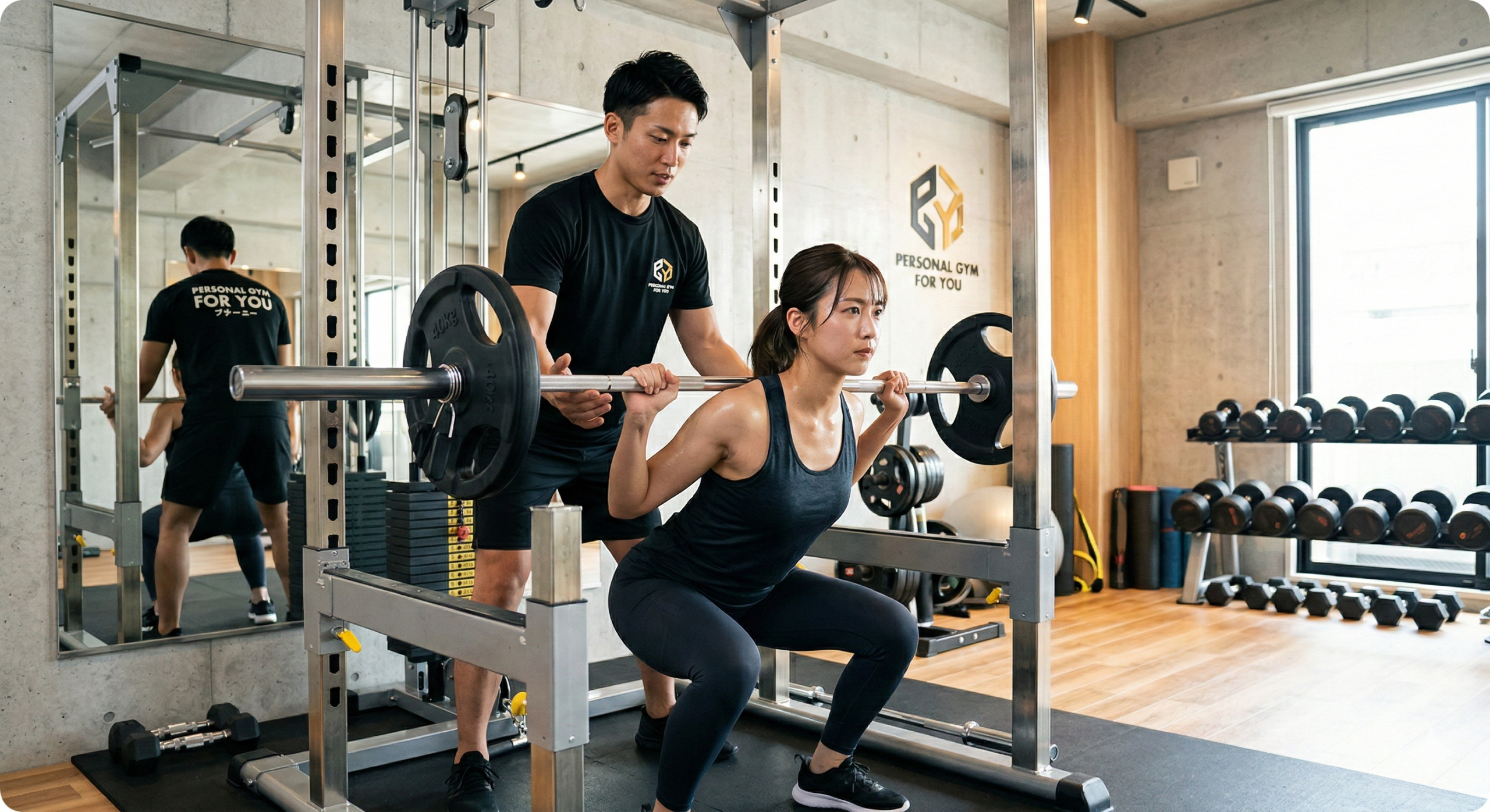 Gemini_Generated_Image_3no66l3no66l3no6 - 岐阜のパーソナルジムD.O.M.S(ドムス)|糖質制限なし!3食食べて痩せるダイエット "A woman in a modern personal gym seriously performing a barbell squat while being spotted by her personal trainer."