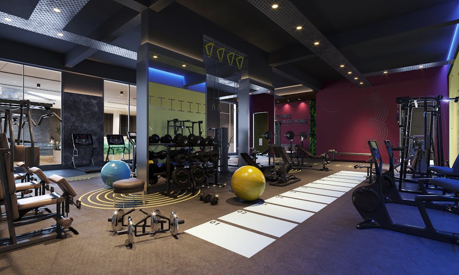 Modern gym interior with free weights, cardiovascular machines, and multi-station workout zones in a spacious, colorful setting.